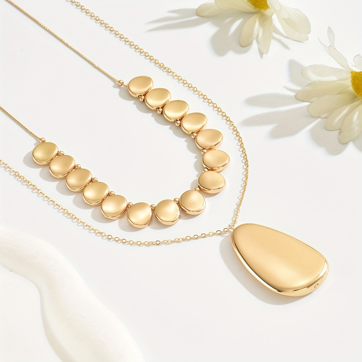 Geometric Beaded Short and Long Chain Pendant Necklaces Set